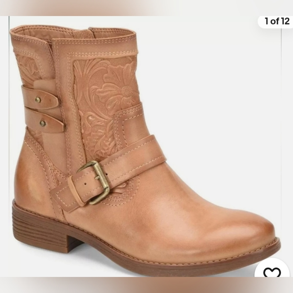Confortiva Tan Leather Ankle Booties with Buckle and Stacked Heel